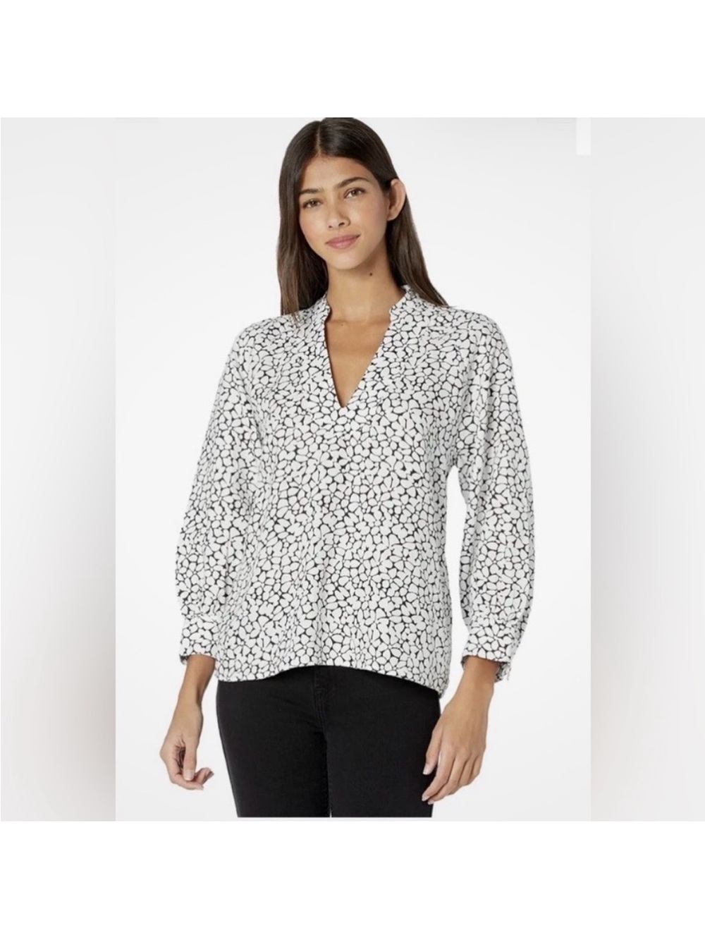 Joie Black and White Printed Split-Neck Linen Blouse